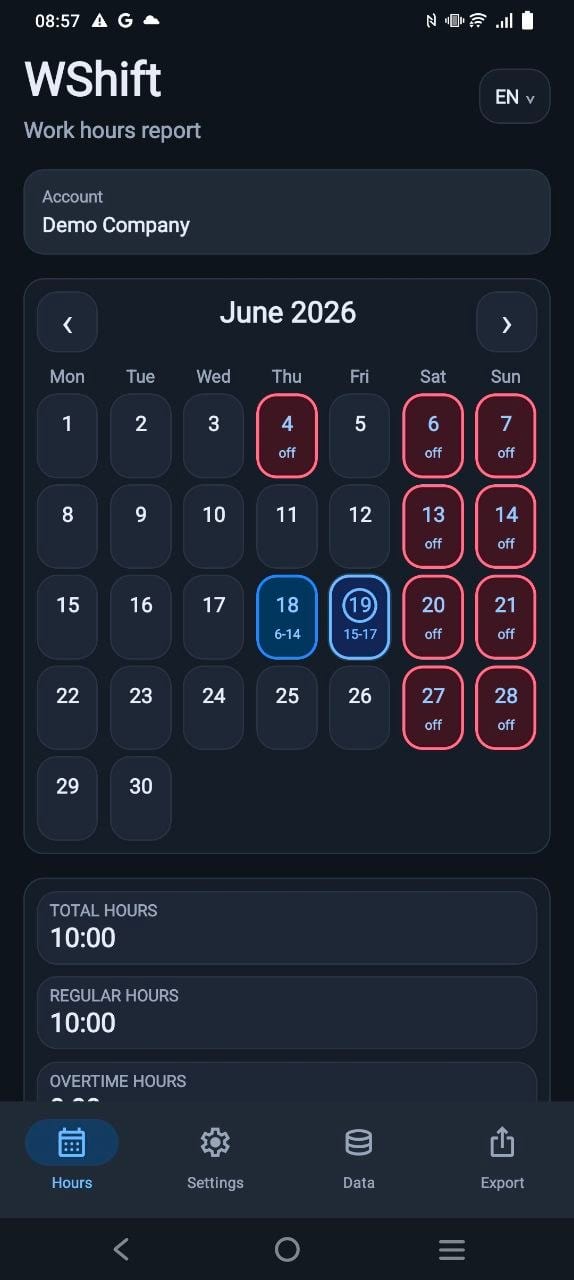 WShift — Work hours tracker